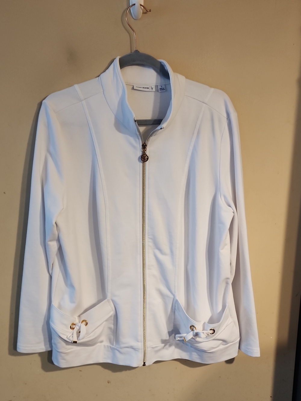 Susan Graver White Zip-Front Bomber Jacket with Gold Accents